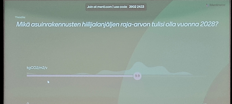 Kuvassa esityskalvosta kuva, jossa esitetään seminaariyleisön vastaus siitä, minkälainen asuinrakennusten hiilijalanjäljen raja-arvon tulisi olla vuonna 2028. Yleisön mielipide on, että raja arvon tulisi olla 9,9 kgco2/m2/a
